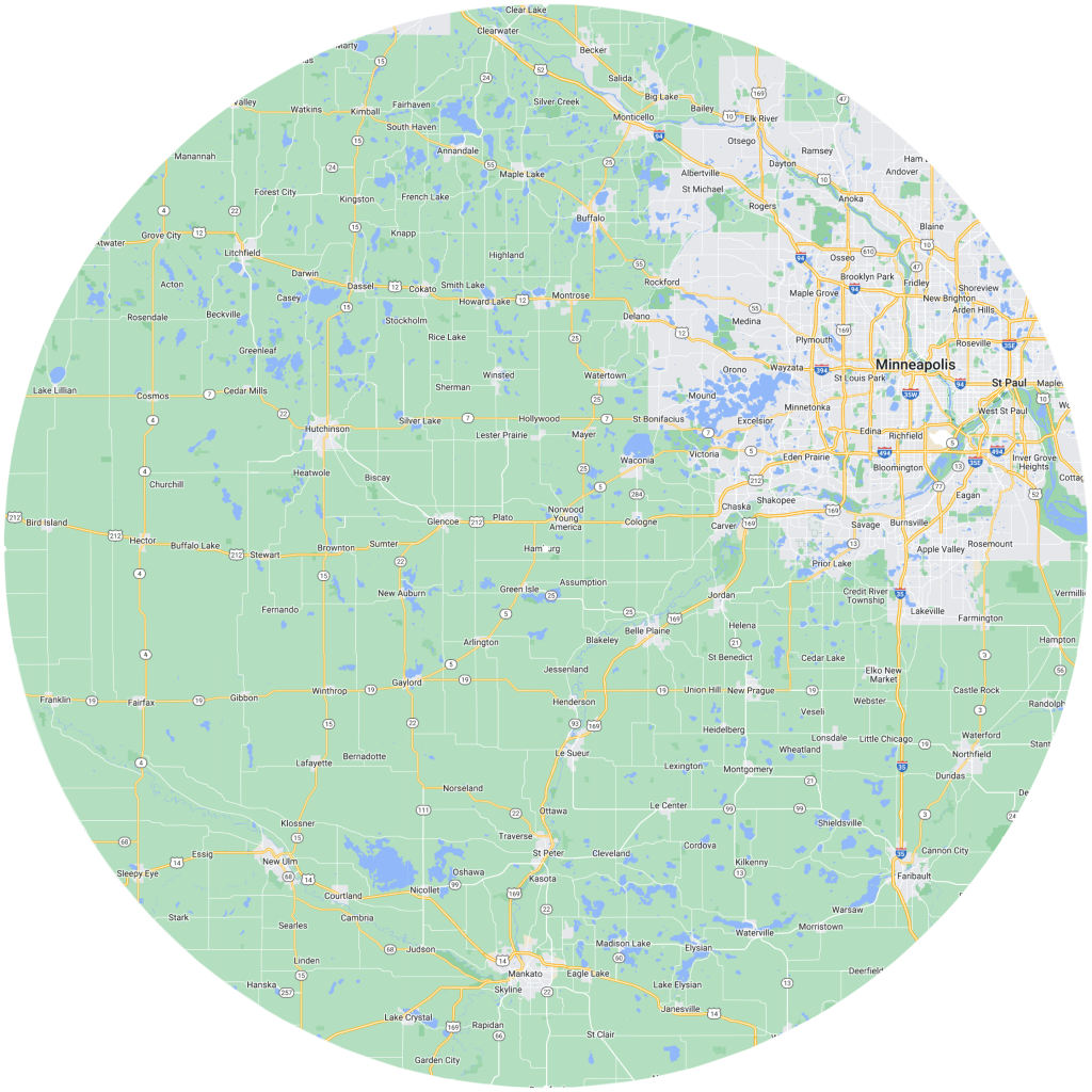 Map of Area in Minnesota that shows a 50 mile radius from Hamburg Minnesota